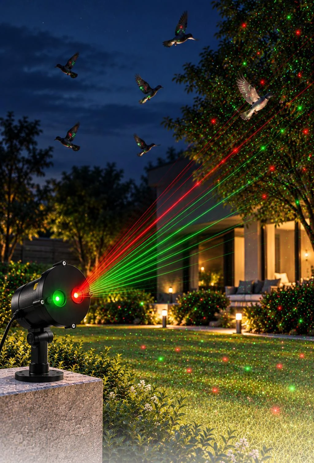 Laser pattern equipment illustrated in an outdoor garden