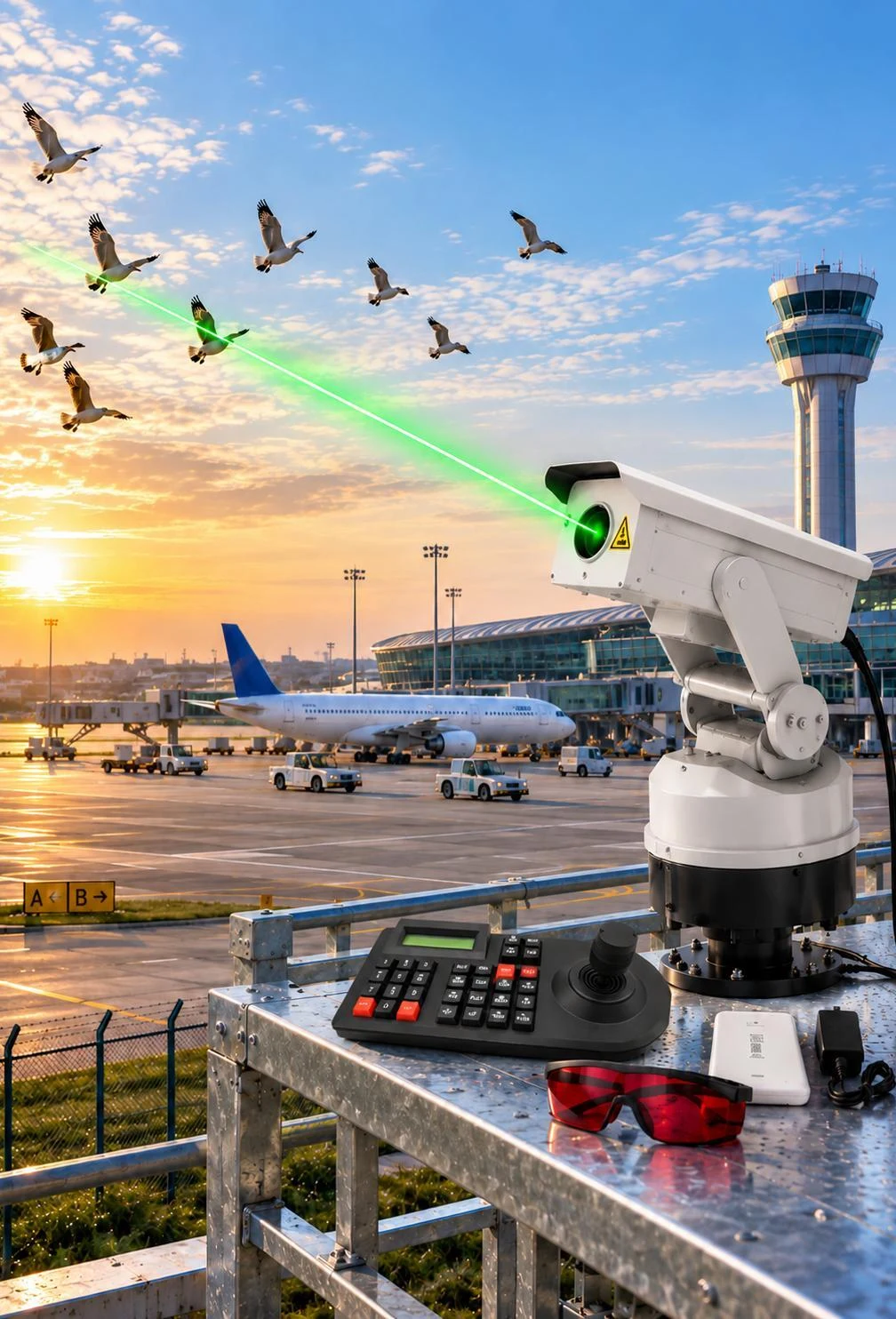 Automated laser bird deterrent installed at an outdoor industrial facility