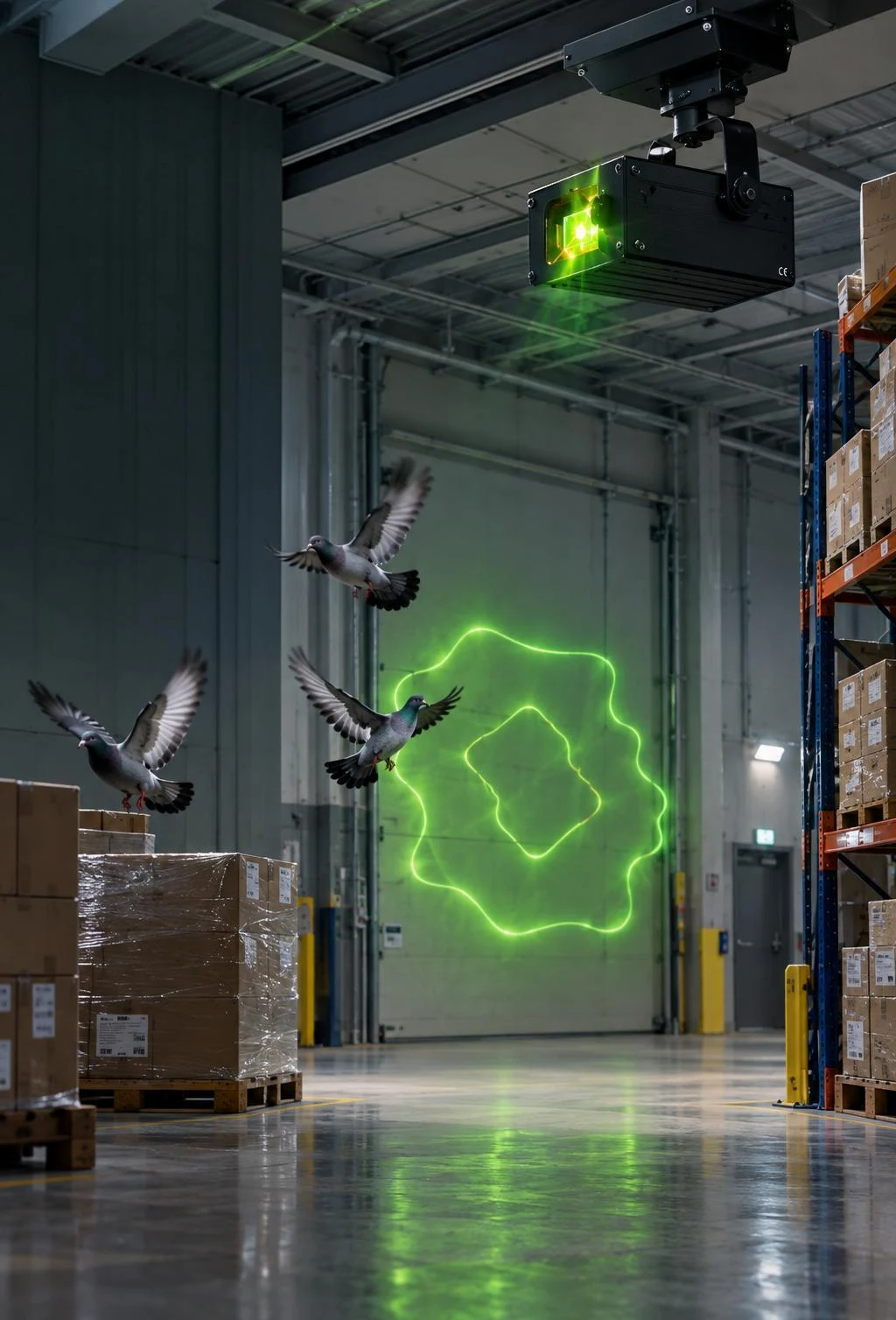Laser pattern equipment illustrated in a warehouse